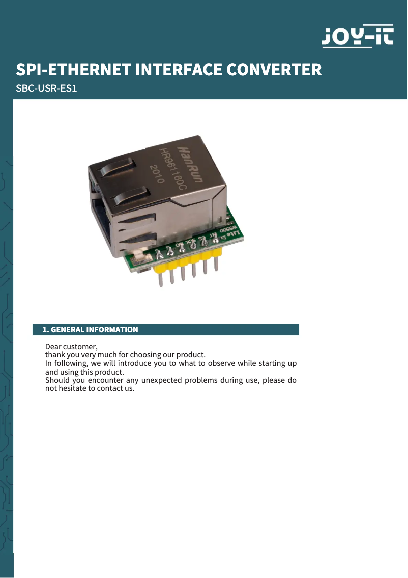 Page n°1 - Manuel utilisateur Joy-It SBC-USR-ES1