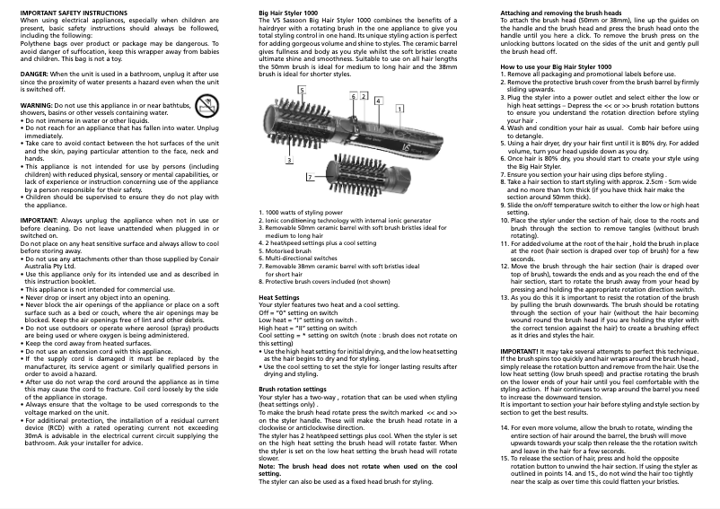 Page 1 de la notice Manuel utilisateur VS Sassoon Frizz Defense VS2735GA
