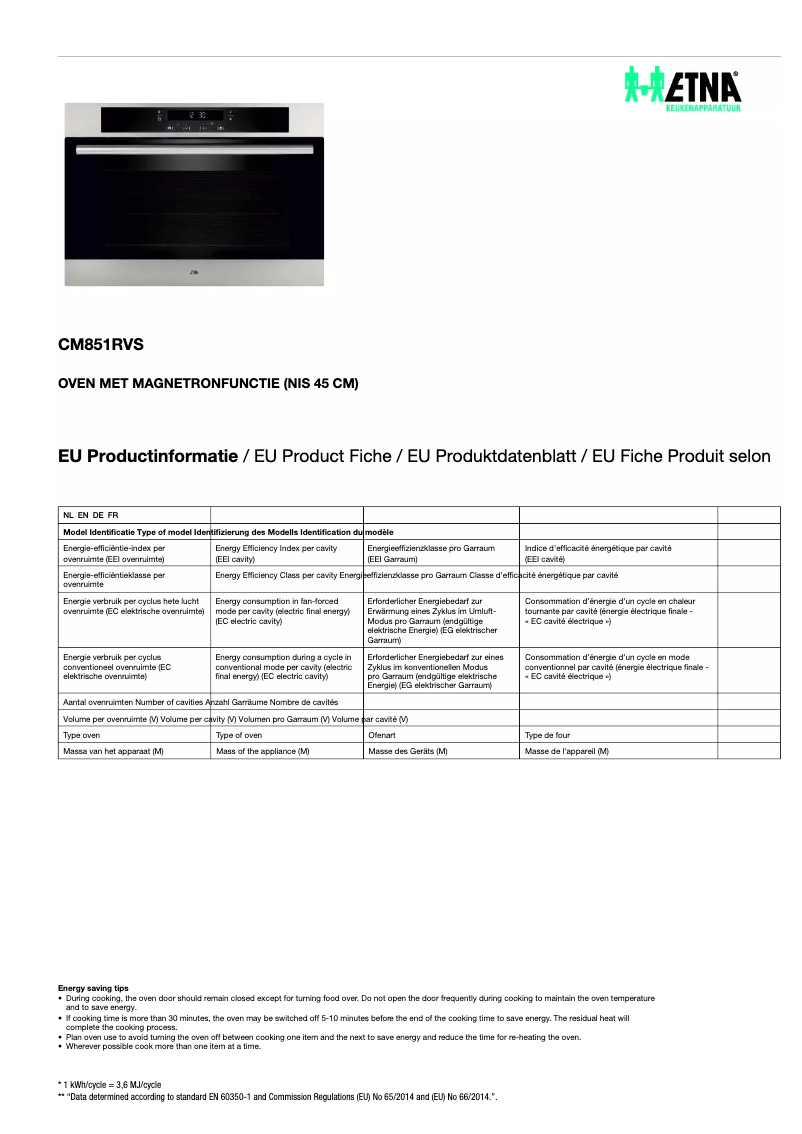 Page 1 de la notice Fiche technique Etna CM851RVS
