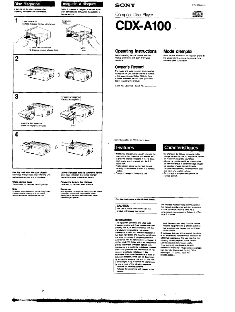 Page n°1 - Manuel utilisateur Sony CDX-A100