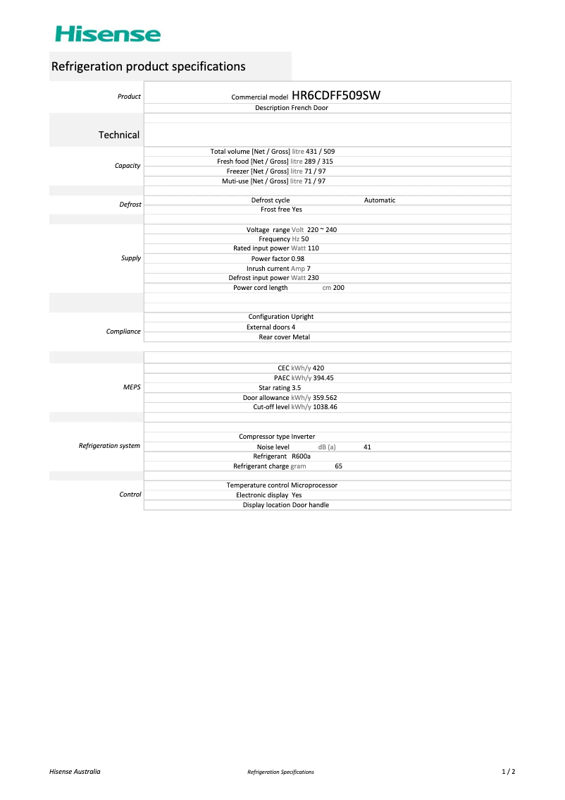 Page 1 de la notice Fiche technique Hisense HR6CDFF509SW