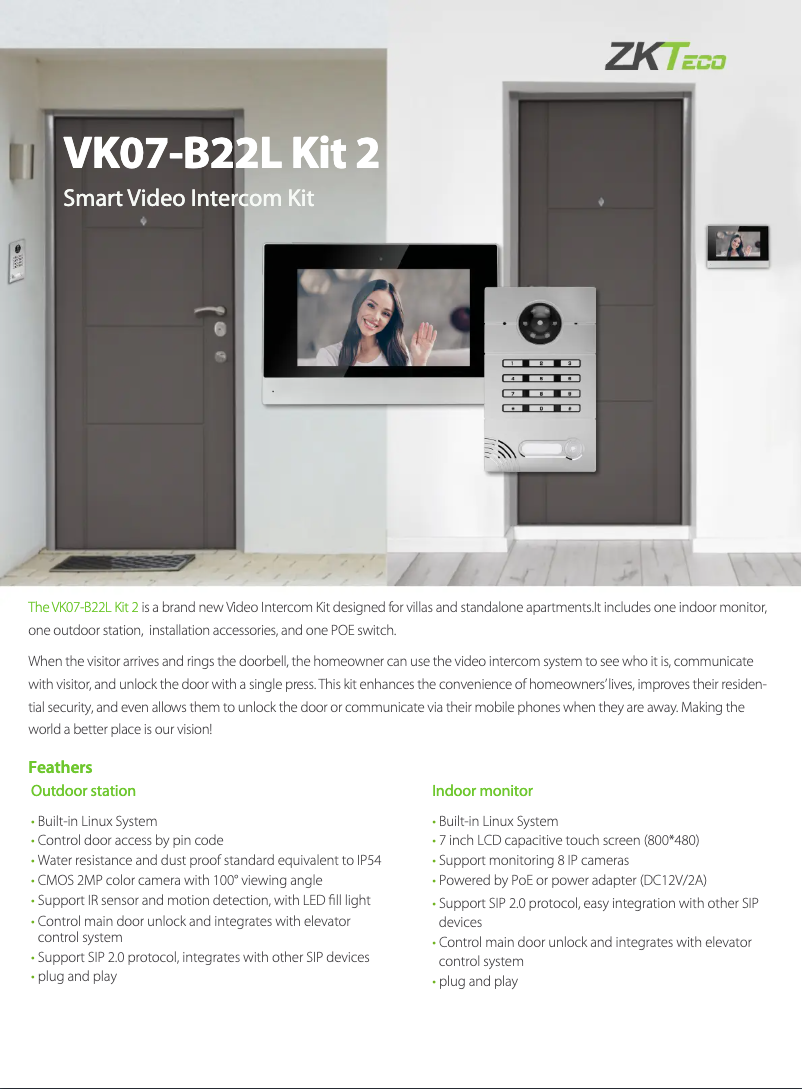 Page 1 of the manual Technical Sheet ZKTeco VT07-B22L