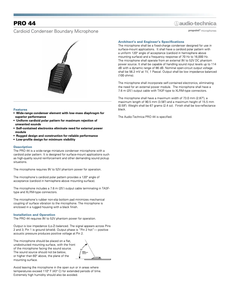 Página 1 del manual Ficha técnica Audio-Technica PRO44