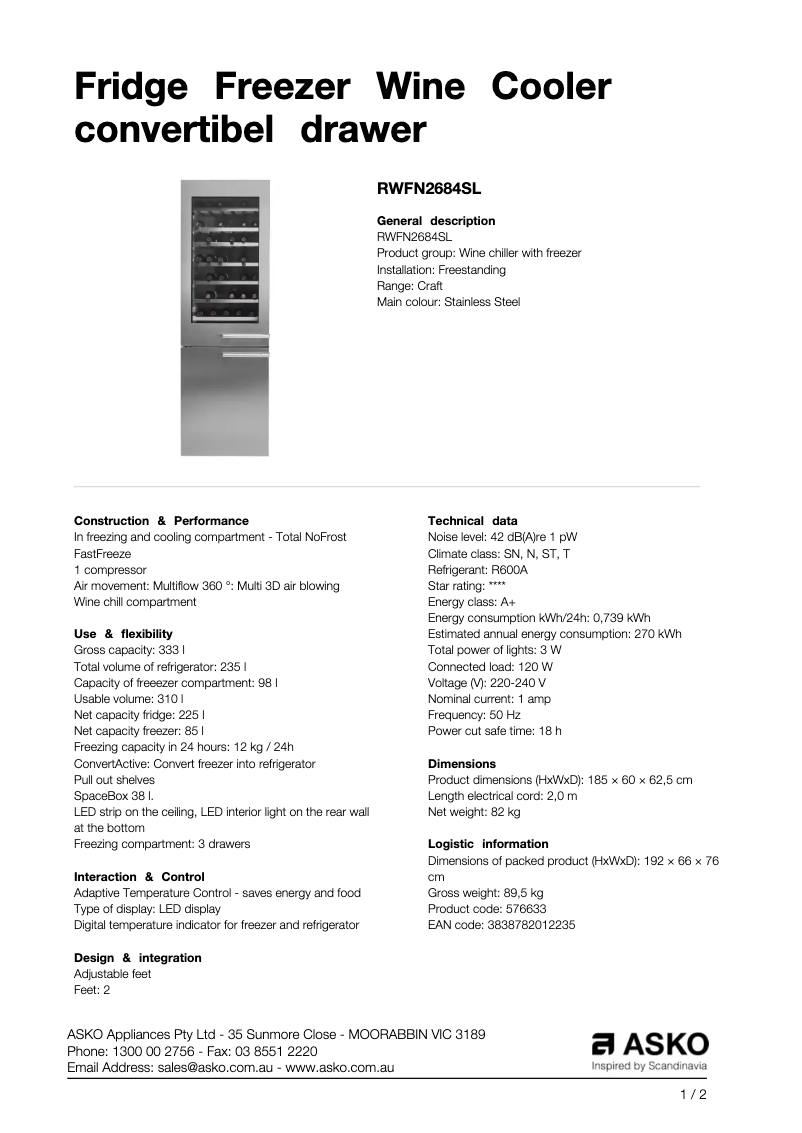 Page 1 de la notice Fiche technique Asko RWFN2684SL