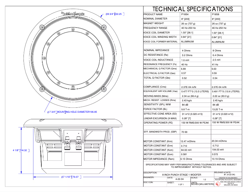 Page 1 de la notice Fiche technique Rockford Fosgate Punch P18S8