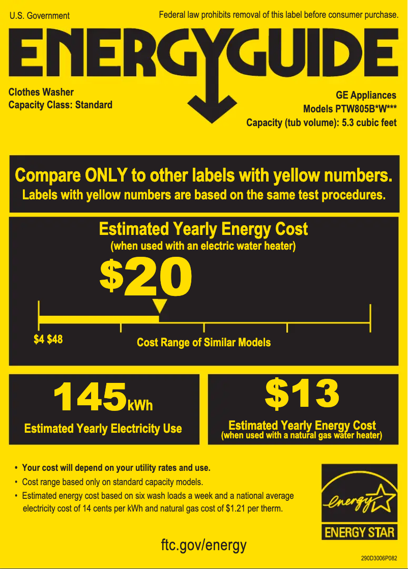 Page 1 de la notice Label énergétique GE PTW805BPWRS
