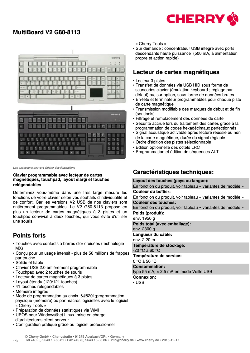 Page 1 de la notice Fiche technique Cherry MultiBoard V2 G80-8113