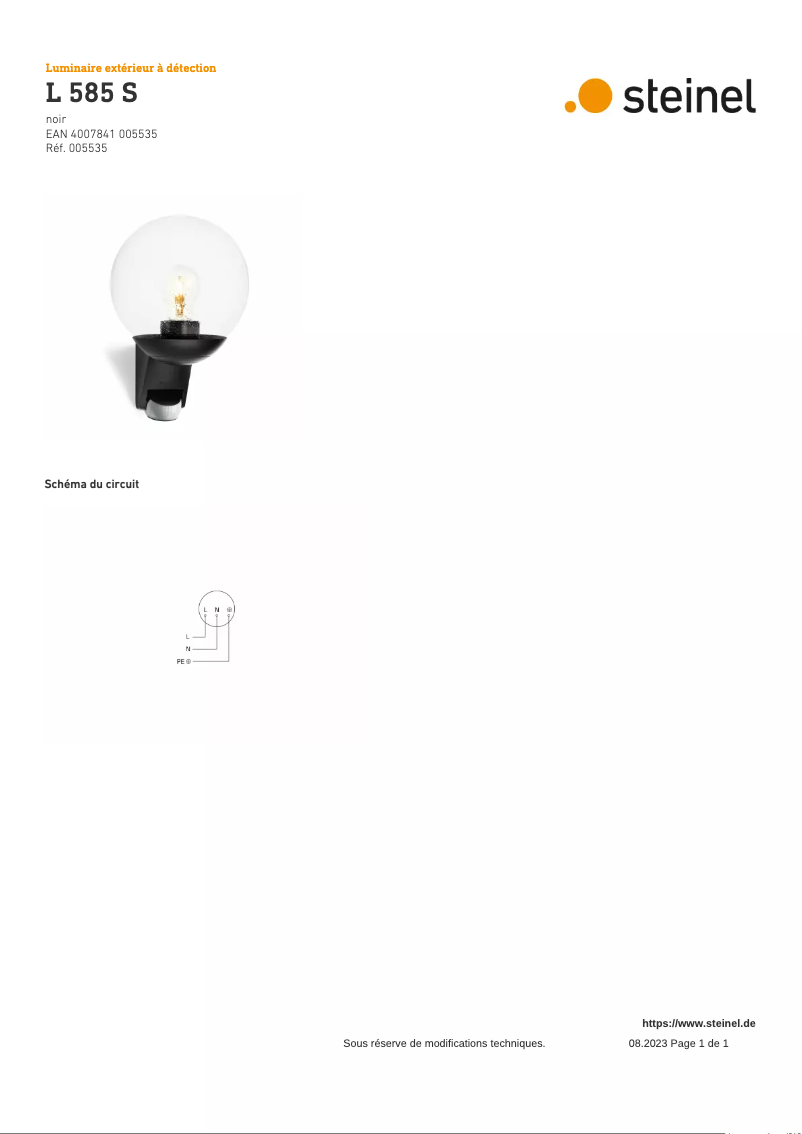 Page 1 de la notice Schéma de câblage Steinel L 585 S