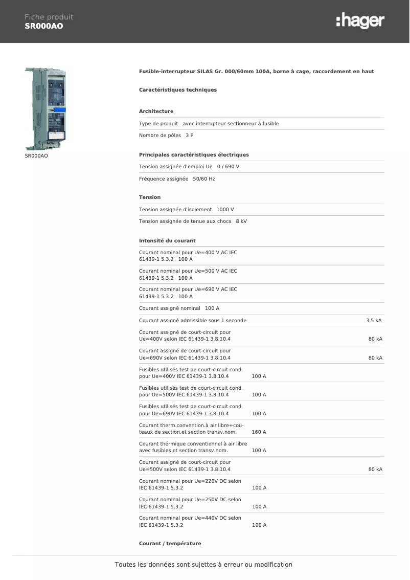 Page 1 de la notice Fiche technique Hager SR000AO