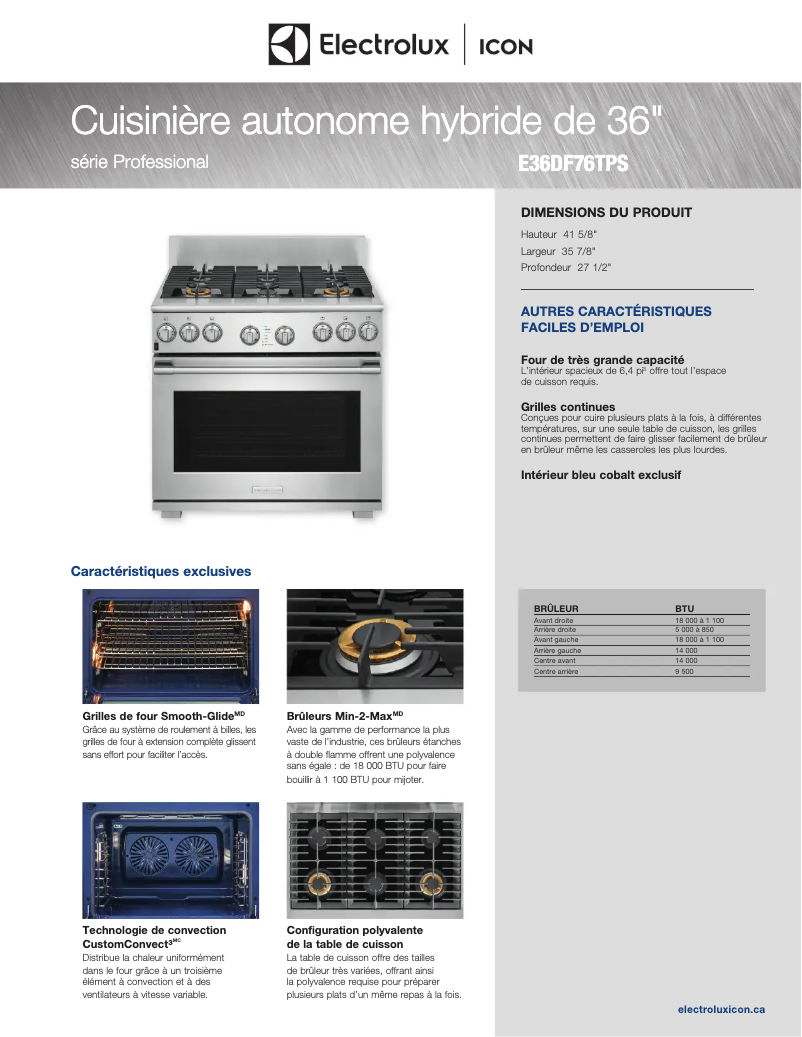 Page 1 de la notice Fiche technique Electrolux E36DF76TPS