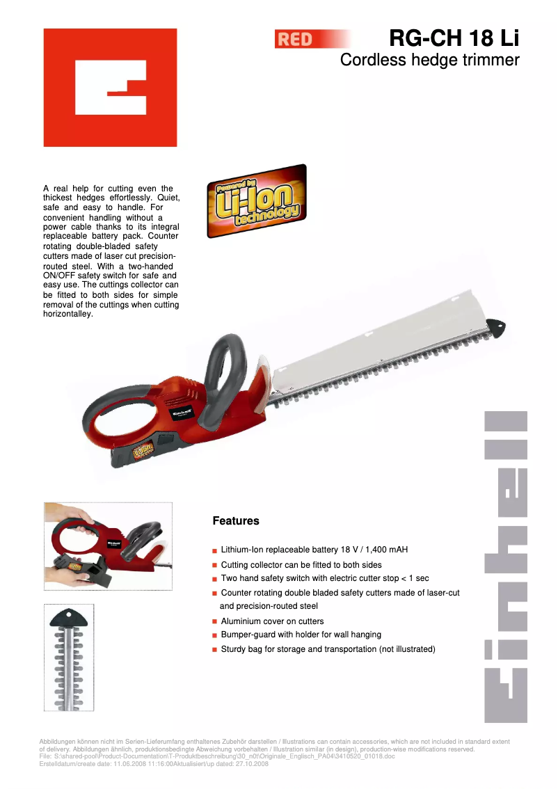 Page 1 de la notice Fiche technique Einhell RG-CH 18 Li