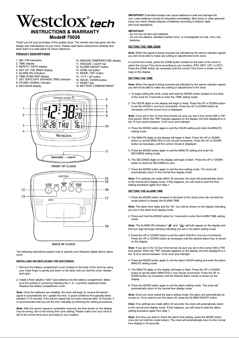 Page 1 de la notice Manuel utilisateur Westclox 70026