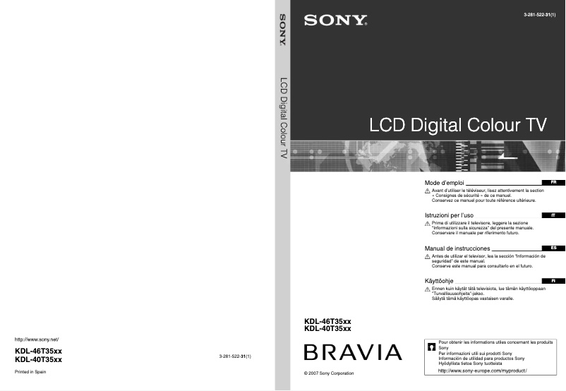 Imagen de la primera página del manual del dispositivo Bravia KDL-40T3500