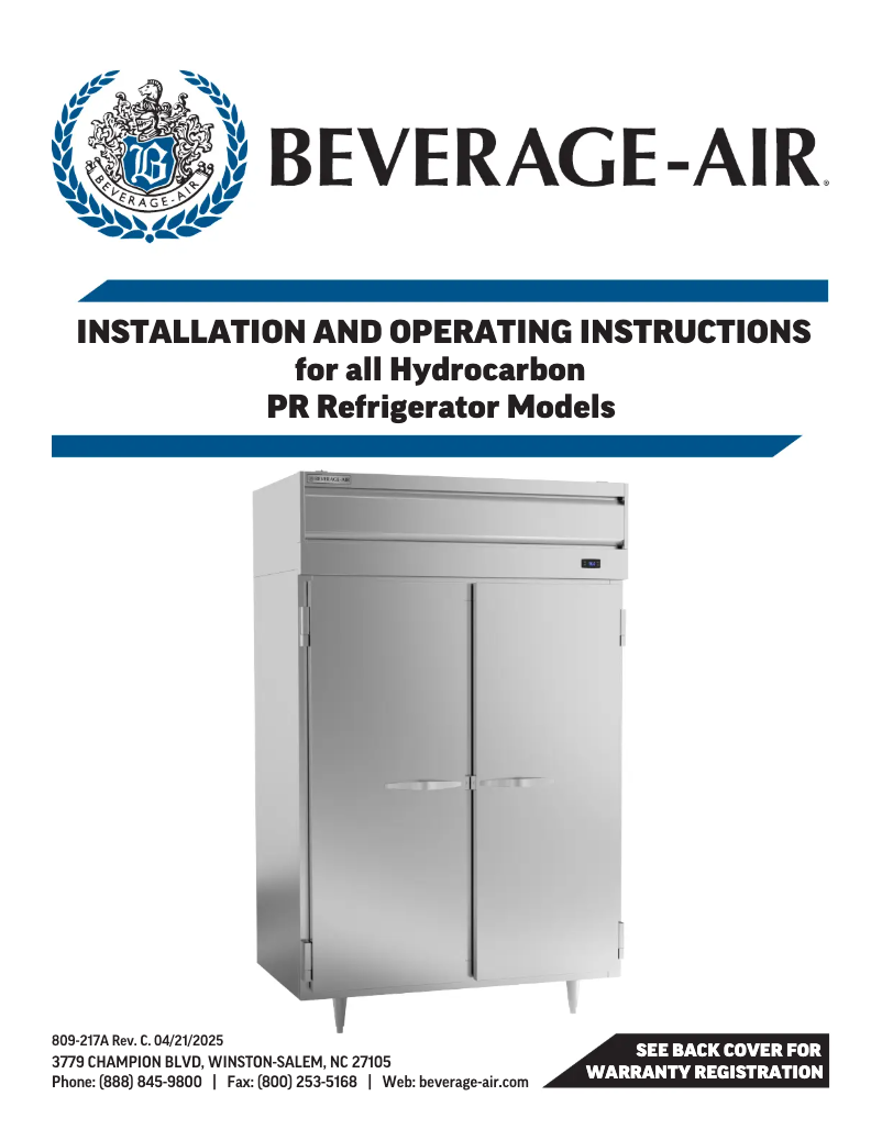 Page n°1 - Manuel utilisateur Beverage-Air PR1HC-1BHG