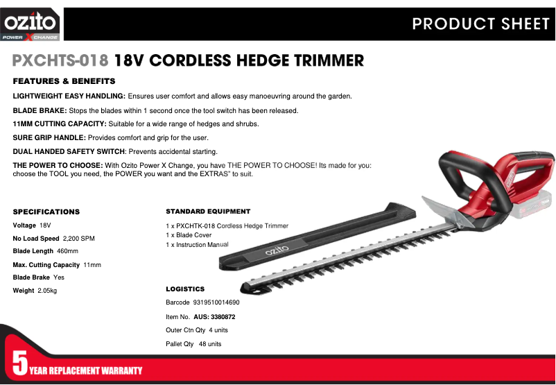 Page 1 de la notice Fiche technique Ozito PXCHTS-018