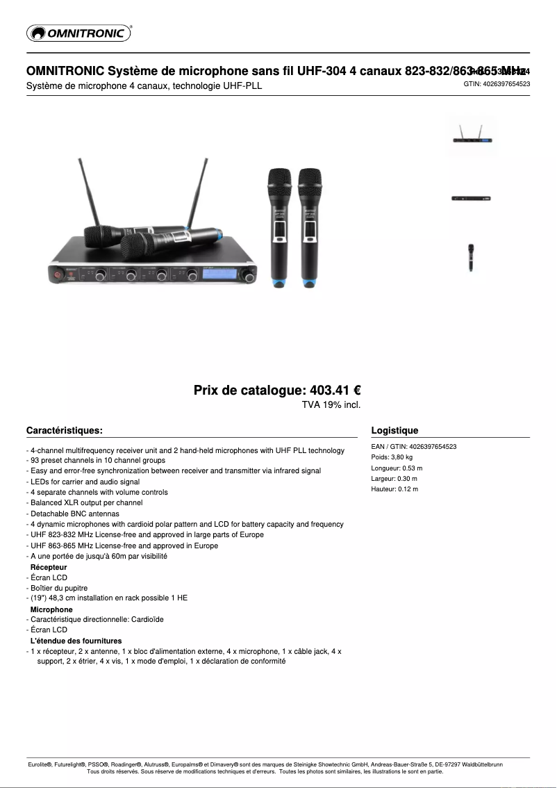 Page n°1 - Fiche technique Omnitronic UHF-304