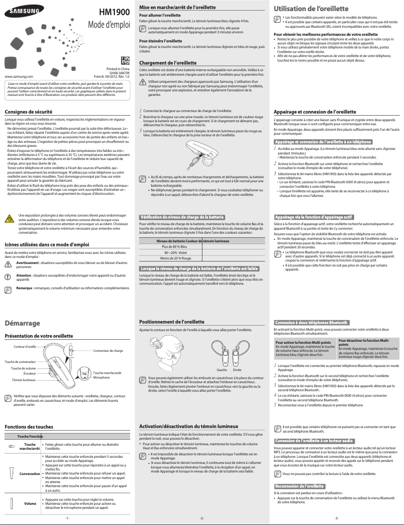 Page 1 de la notice Manuel utilisateur Samsung HM1900