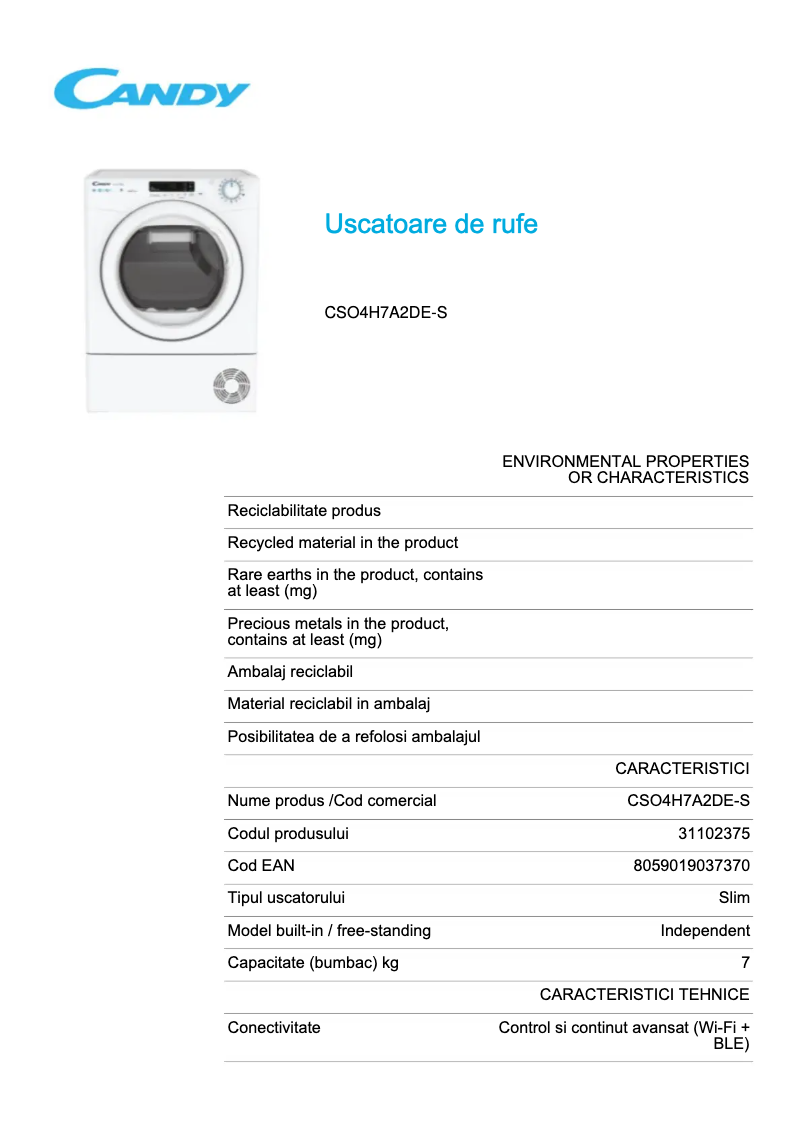 Page 1 de la notice Fiche technique Candy CSO4 H7A2DE-S