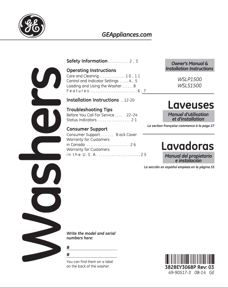 Image de la première page du manuel de l'appareil WSLS1500HWW