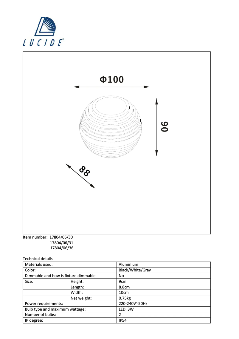 Page 1 de la notice Manuel utilisateur Lucide Ayo 17804/06/36