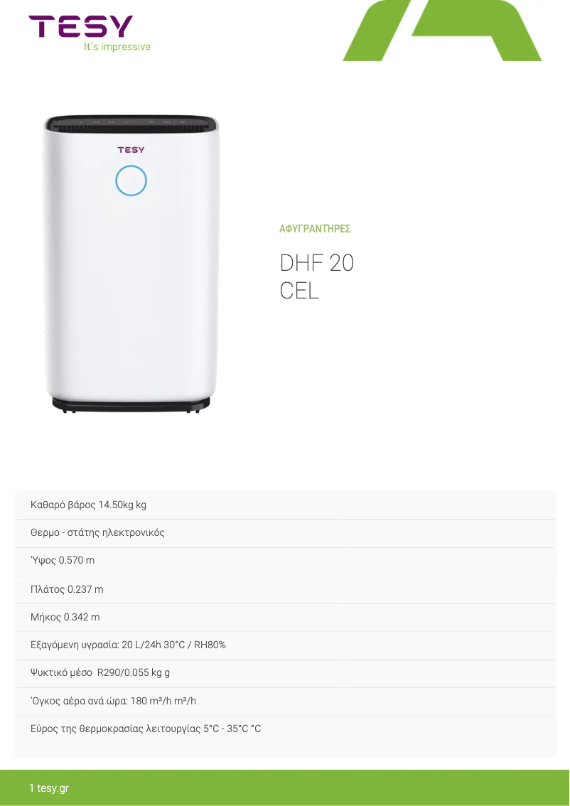 Página 1 del manual Ficha técnica Tesy DHF 20 CEL