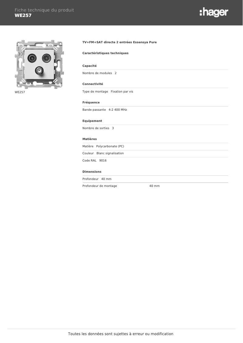 Page 1 de la notice Fiche technique Hager WE257