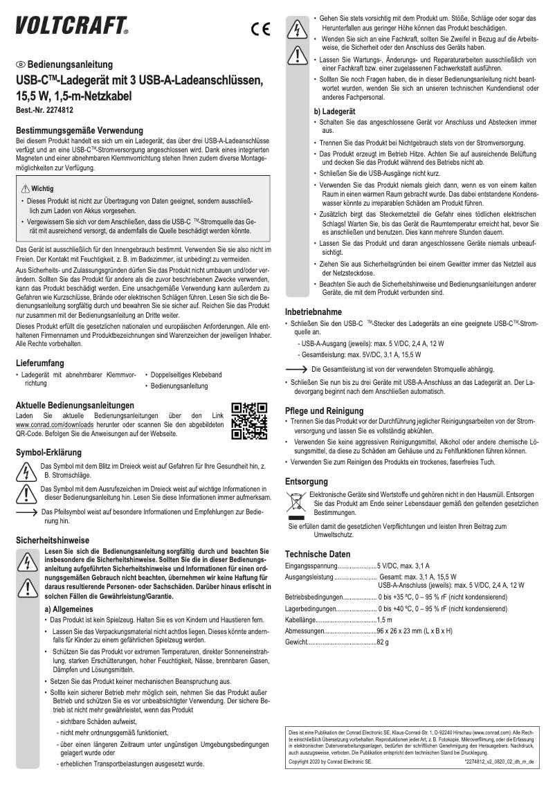Page 1 de la notice Manuel utilisateur Voltcraft UC-3AXX001