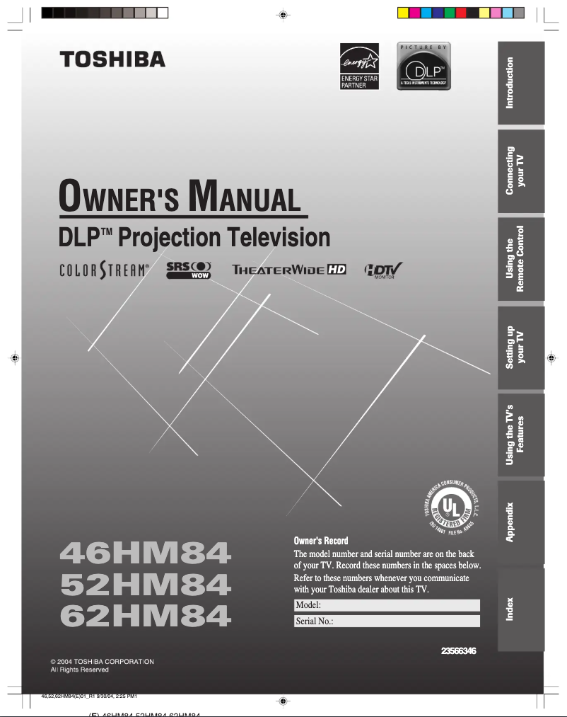 Page n°1 - Manuel utilisateur Toshiba 52HM84