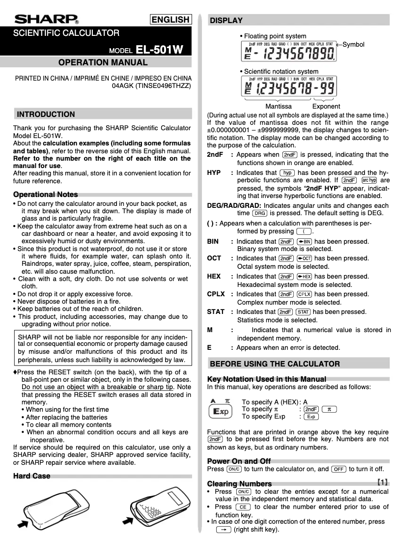Page n°1 - Manuel utilisateur Sharp EL-501W