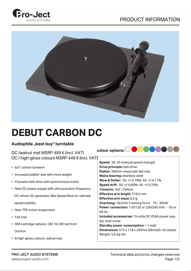 Page 1 de la notice Fiche technique Pro-Ject Debut Carbon (DC)