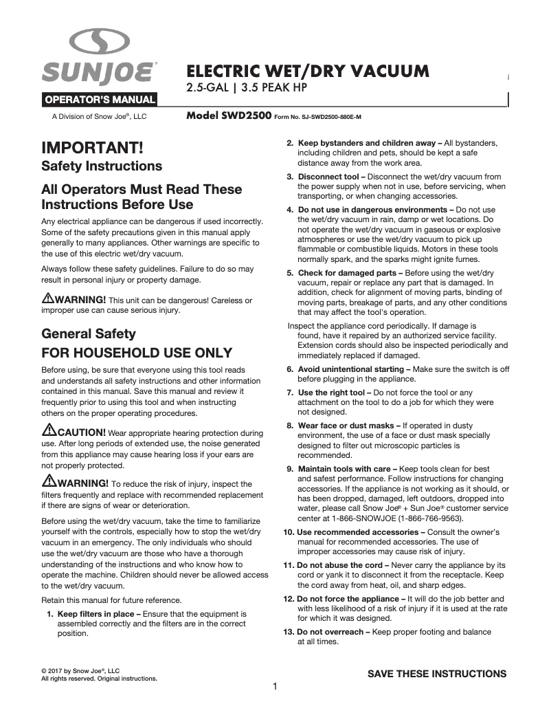 Page 1 de la notice Manuel utilisateur Snow Joe SWD2500