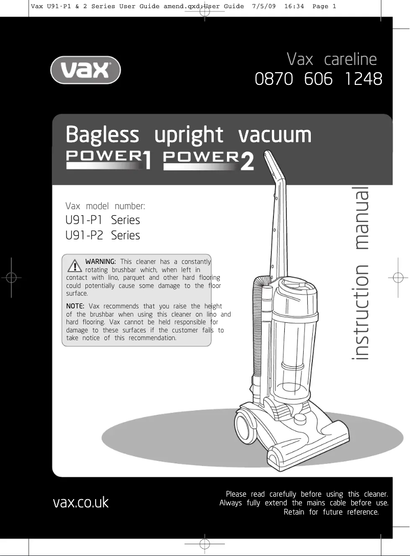 Page 1 de la notice Manuel utilisateur Vax Power 1 U91-P1P
