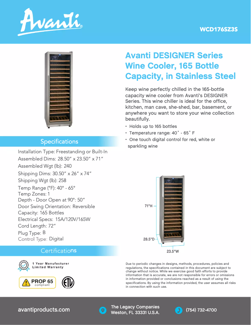 Page 1 de la notice Fiche technique Avanti WCD176SZ3S