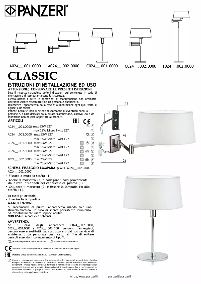 Page 1 de la notice Manuel utilisateur Panzeri Classic