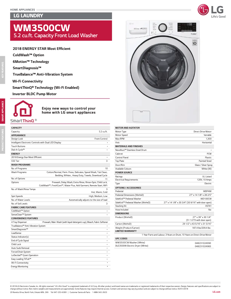 Page 1 de la notice Fiche technique LG WM3500CW