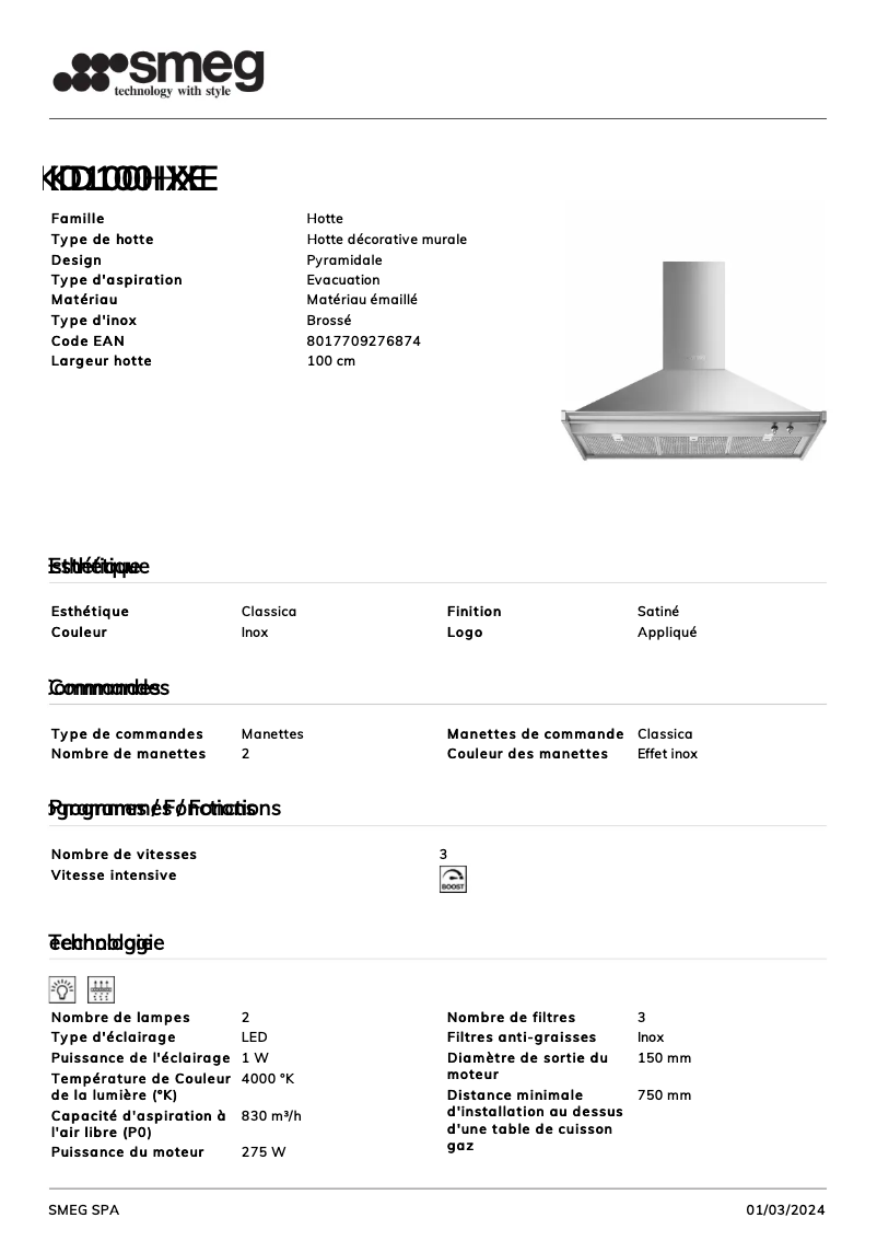 Page 1 de la notice Fiche technique Smeg KD100HXE
