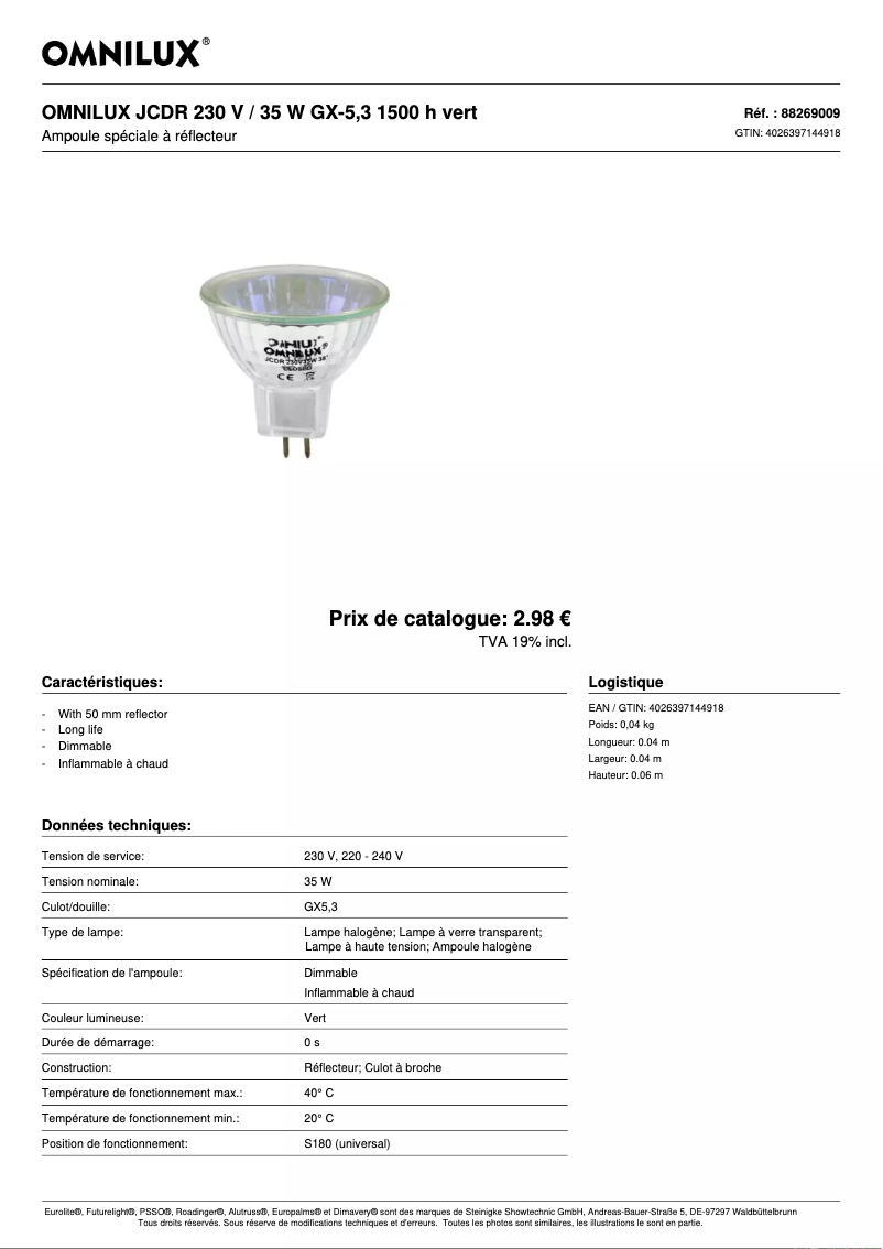Page 1 de la notice Fiche technique Omnilux JCDR 230 V