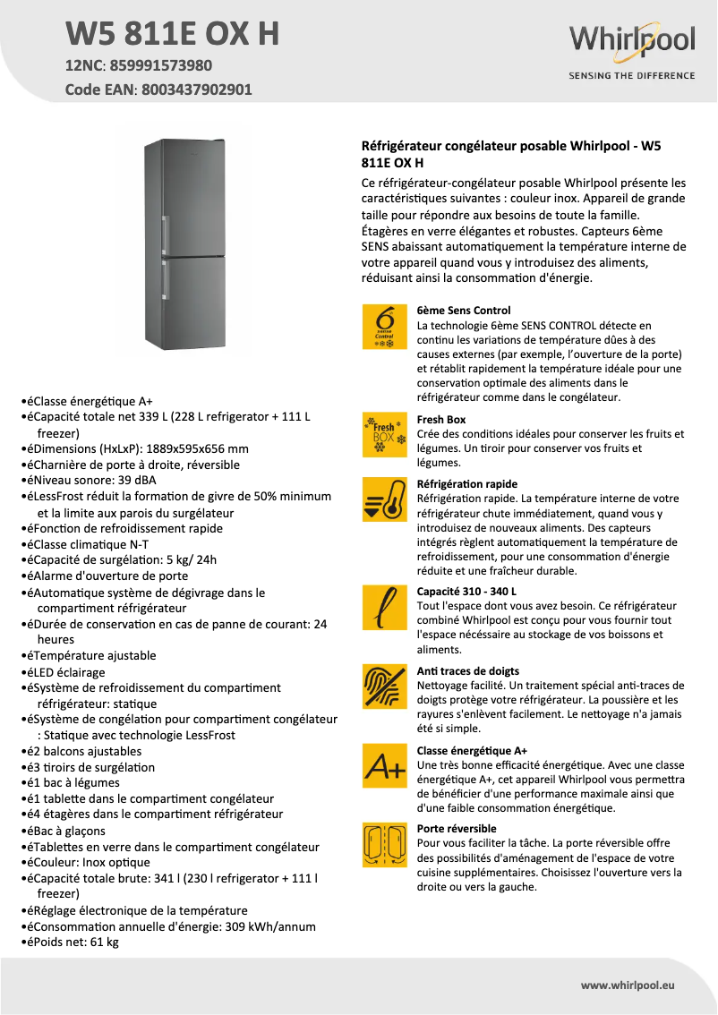 Image de la première page du manuel de l'appareil W5 811E OX H