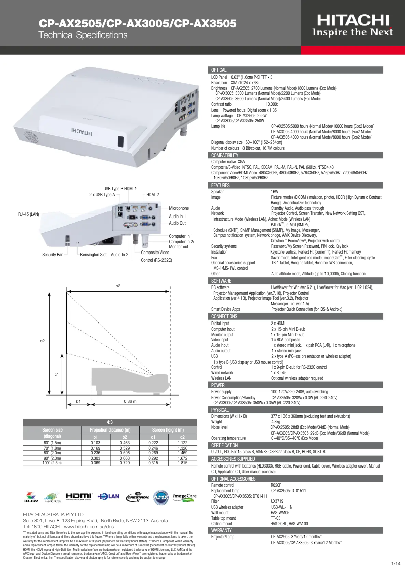 Page n°1 - Fiche technique Hitachi CP-AX3505
