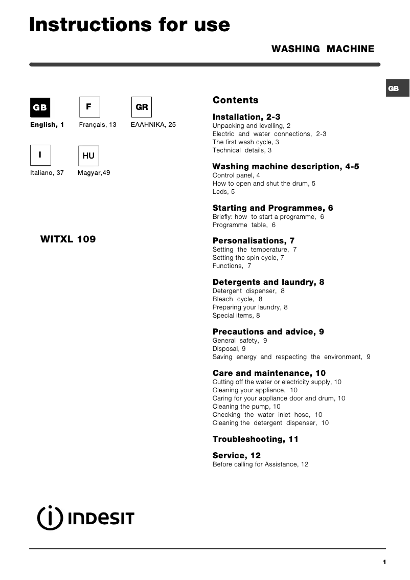 Page n°1 - Manuel utilisateur Indesit WITXL 109