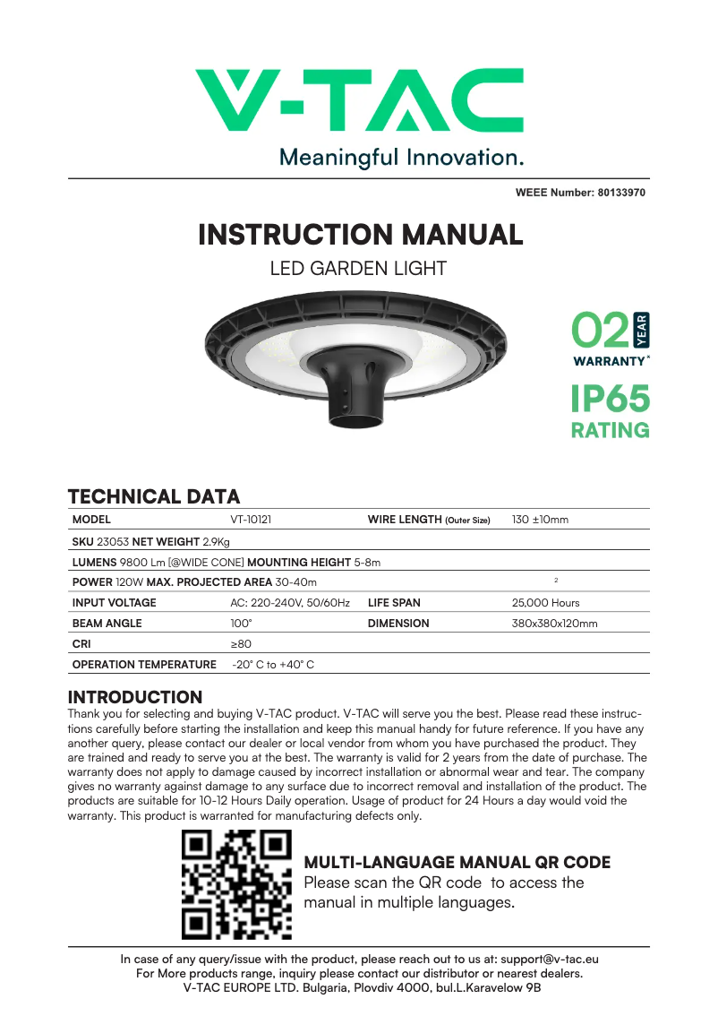 Page n°1 - Manuel utilisateur V-TAC VT-10121
