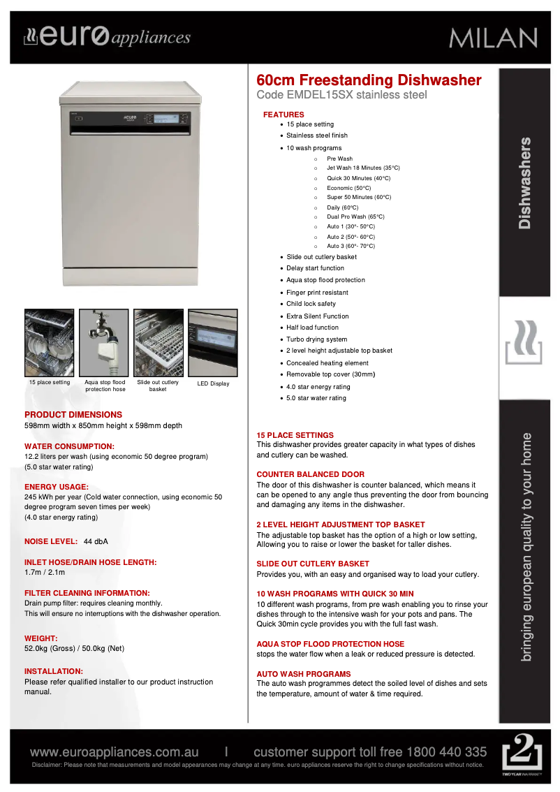 Page n°1 - Fiche technique Euro Appliances EMDEL15SX