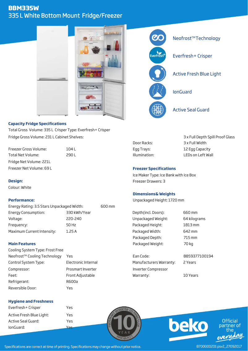 Page 1 de la notice Fiche technique Beko BBM335W
