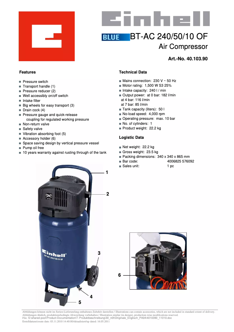 Page 1 de la notice Fiche technique Einhell BT-AC 240/50/10 OF