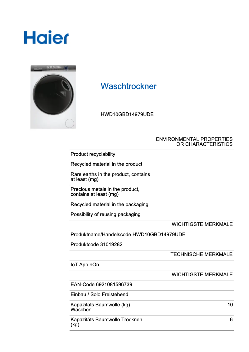 Page 1 de la notice Label énergétique Haier HWD100-BD14979U1