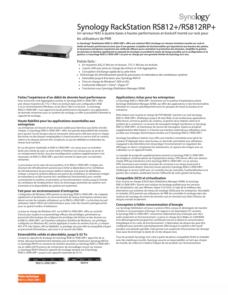 Page 1 de la notice Fiche technique Synology RS812RP+