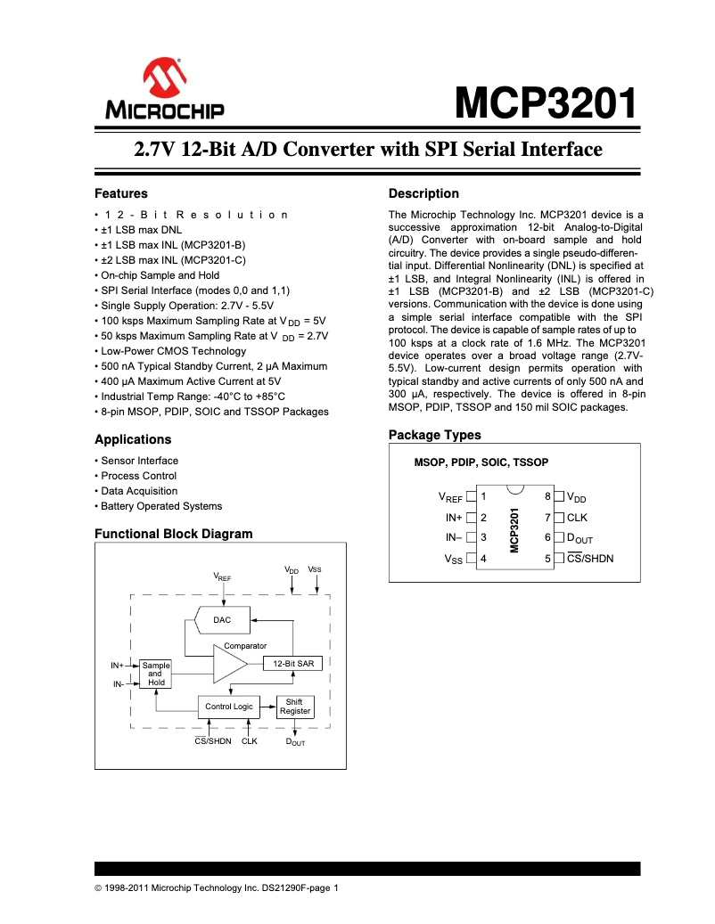 Página 1 del manual Ficha técnica Microchip MCP3201