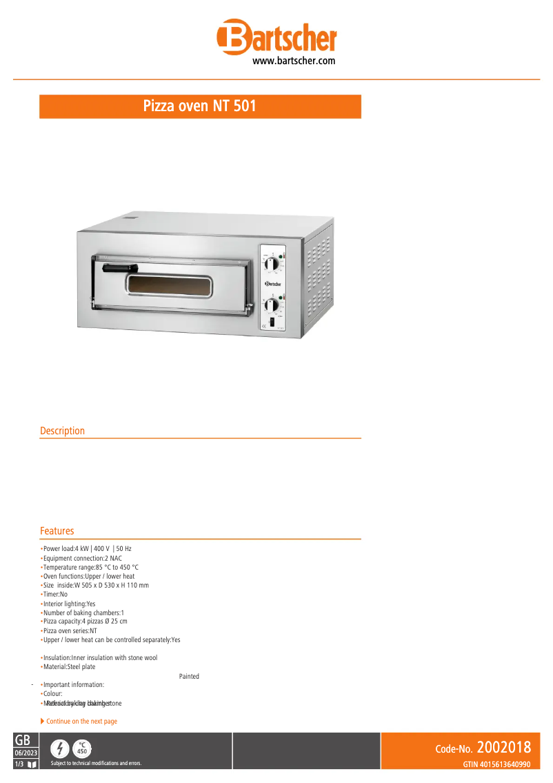 Page n°1 - Fiche technique Bartscher NT 501