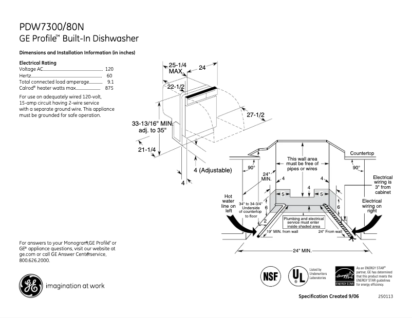 Page 1 de la notice Fiche technique GE Profile PDW7300NCC