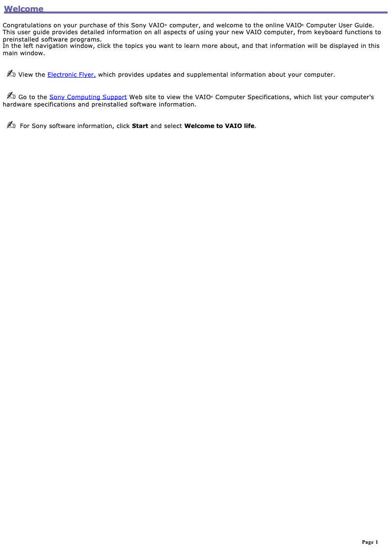 Page 1 de la notice Manuel utilisateur Sony Vaio VGN-S380B02